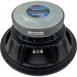 Black speaker enclosure with rear label plate and mounting rim