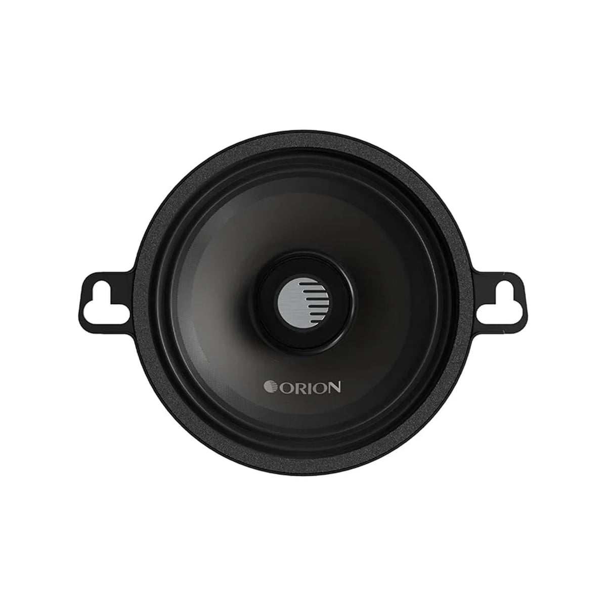Black car midrange speaker with circular grille and ORION center cap