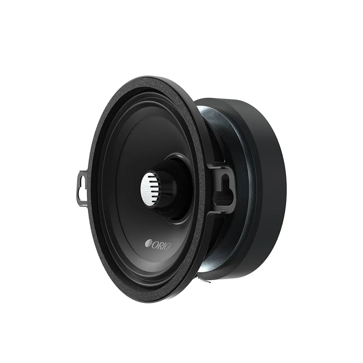 Black car midrange speaker, side view with outer mounting ring