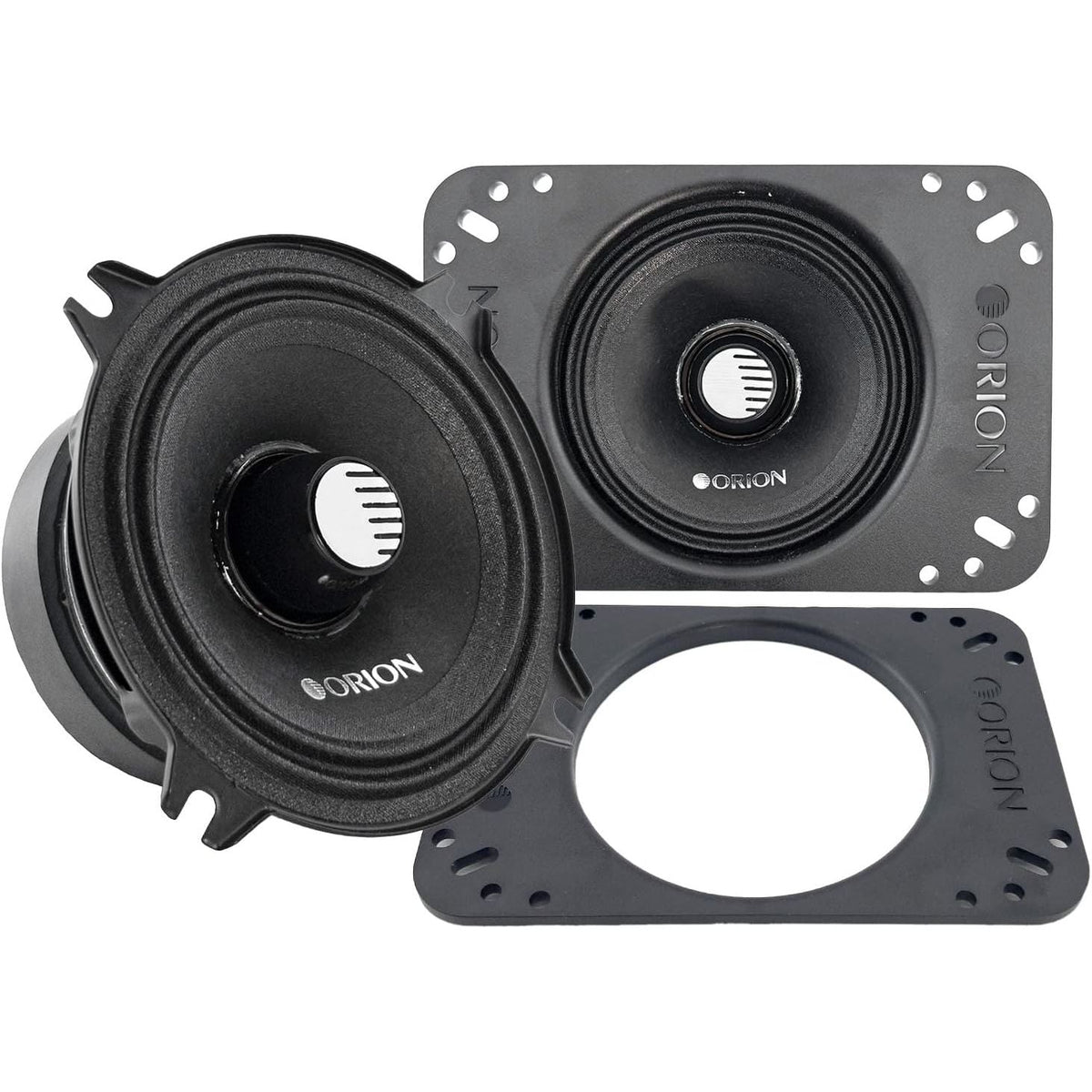 Black 4-inch midrange speaker with mounting plate, front dust cap, Orion badge