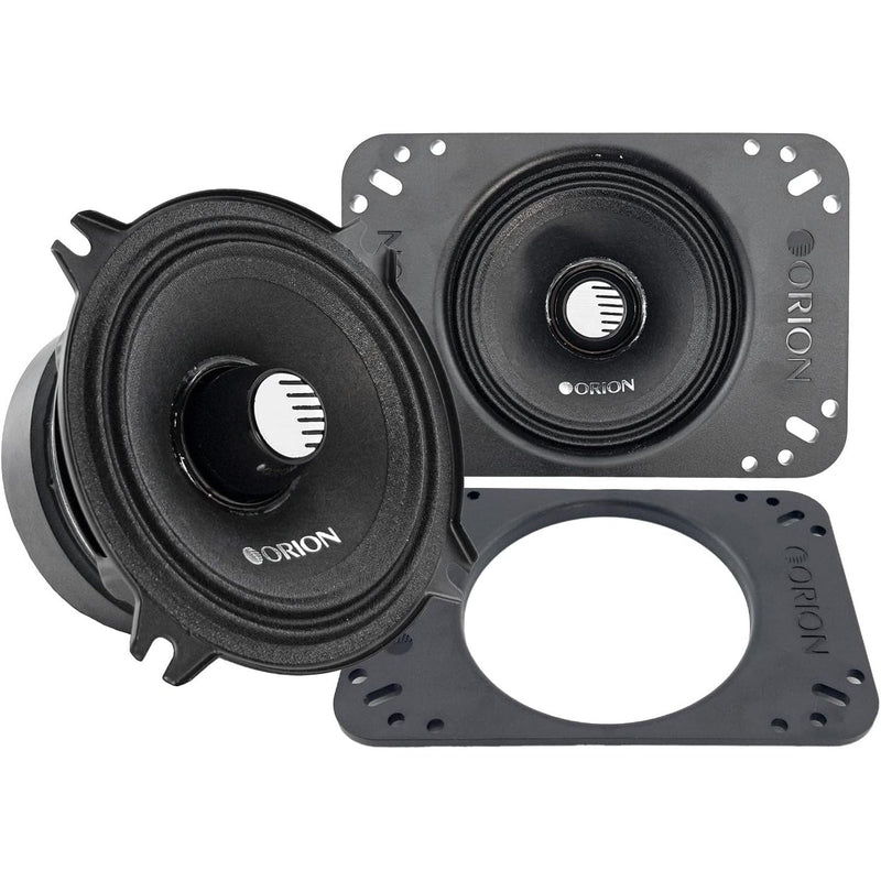 Black 4-inch midrange speaker with mounting plate, front dust cap, Orion badge