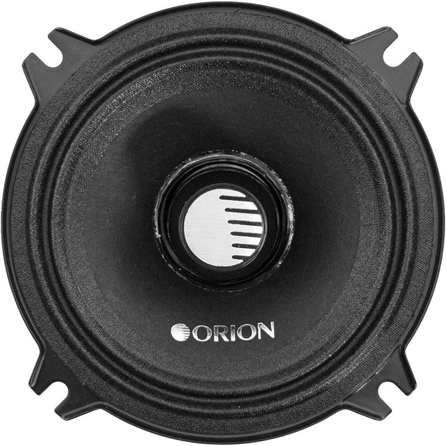 Black 4-inch midrange speaker driver close-up with ribbed cone and Orion center cap