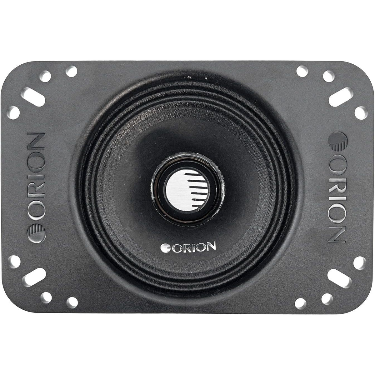 Black 4-inch midrange speaker front with screw-hole mounting plate and Orion logo