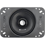 Black 4-inch midrange speaker front with screw-hole mounting plate and Orion logo