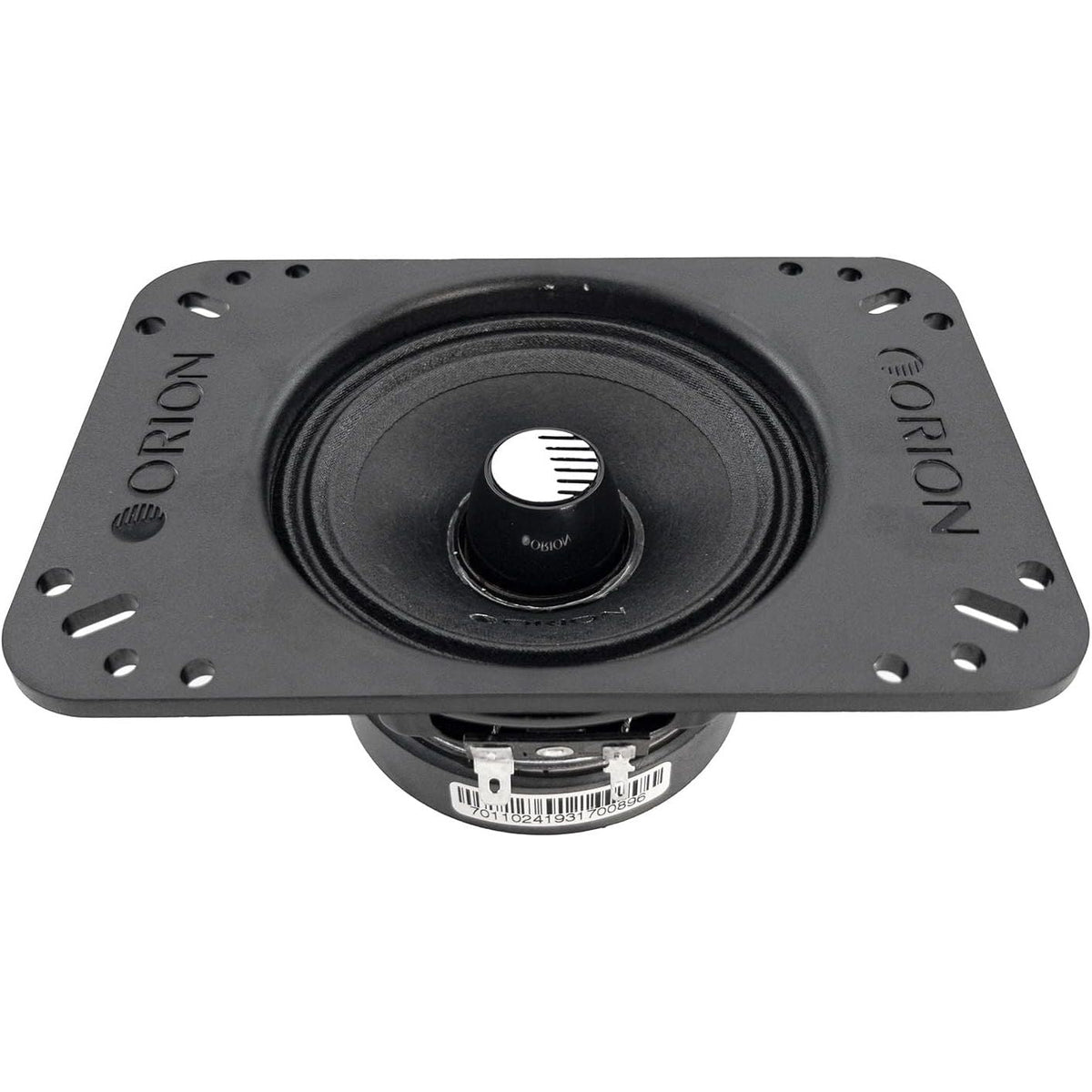 Black 4-inch midrange speaker with gray mounting frame, front driver and Orion badge