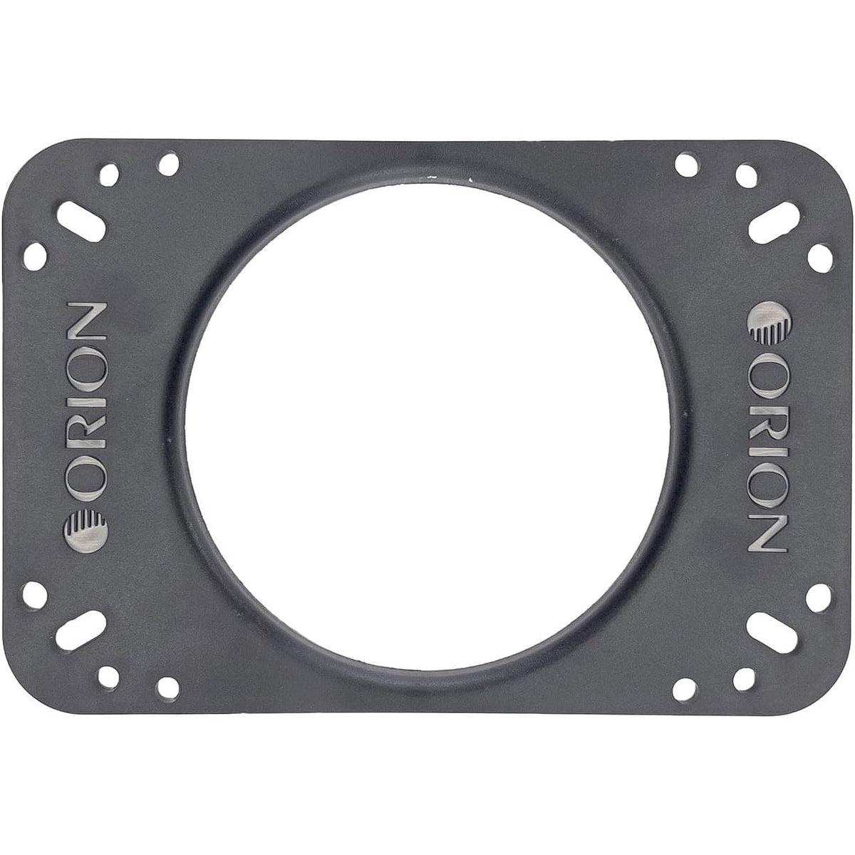 Black mounting plate for 4-inch midrange speaker with large center cutout and Orion marks