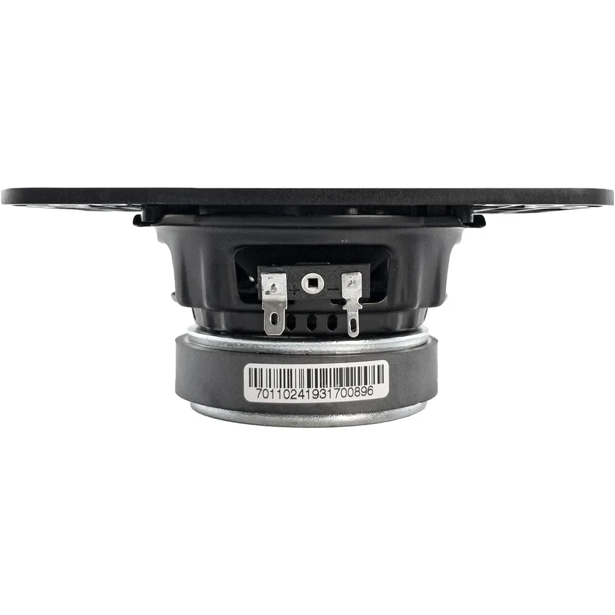 Underside of 4-inch midrange speaker showing terminals and magnet with label