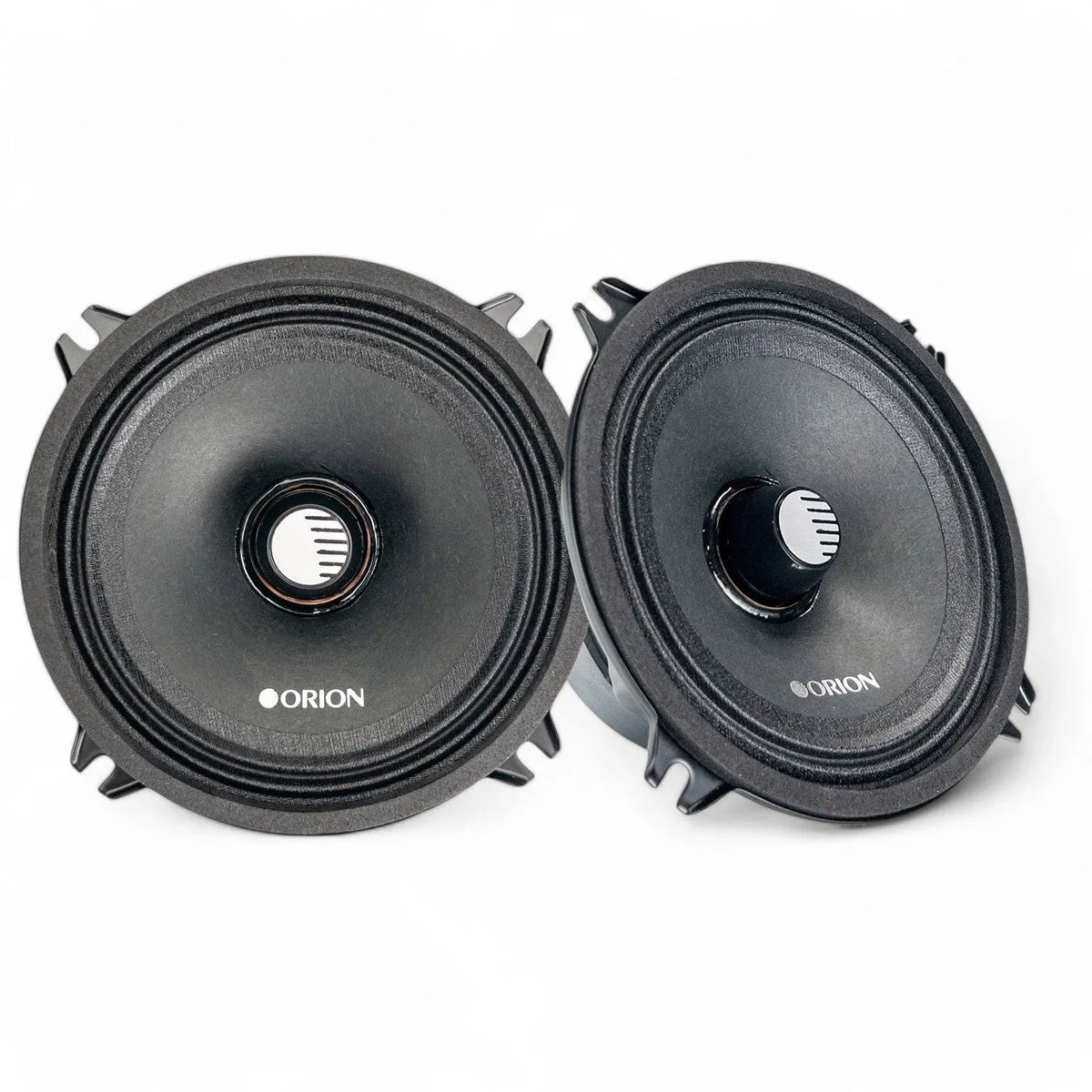 Pair of black Orion car midrange speakers with circular drivers and mounting tabs