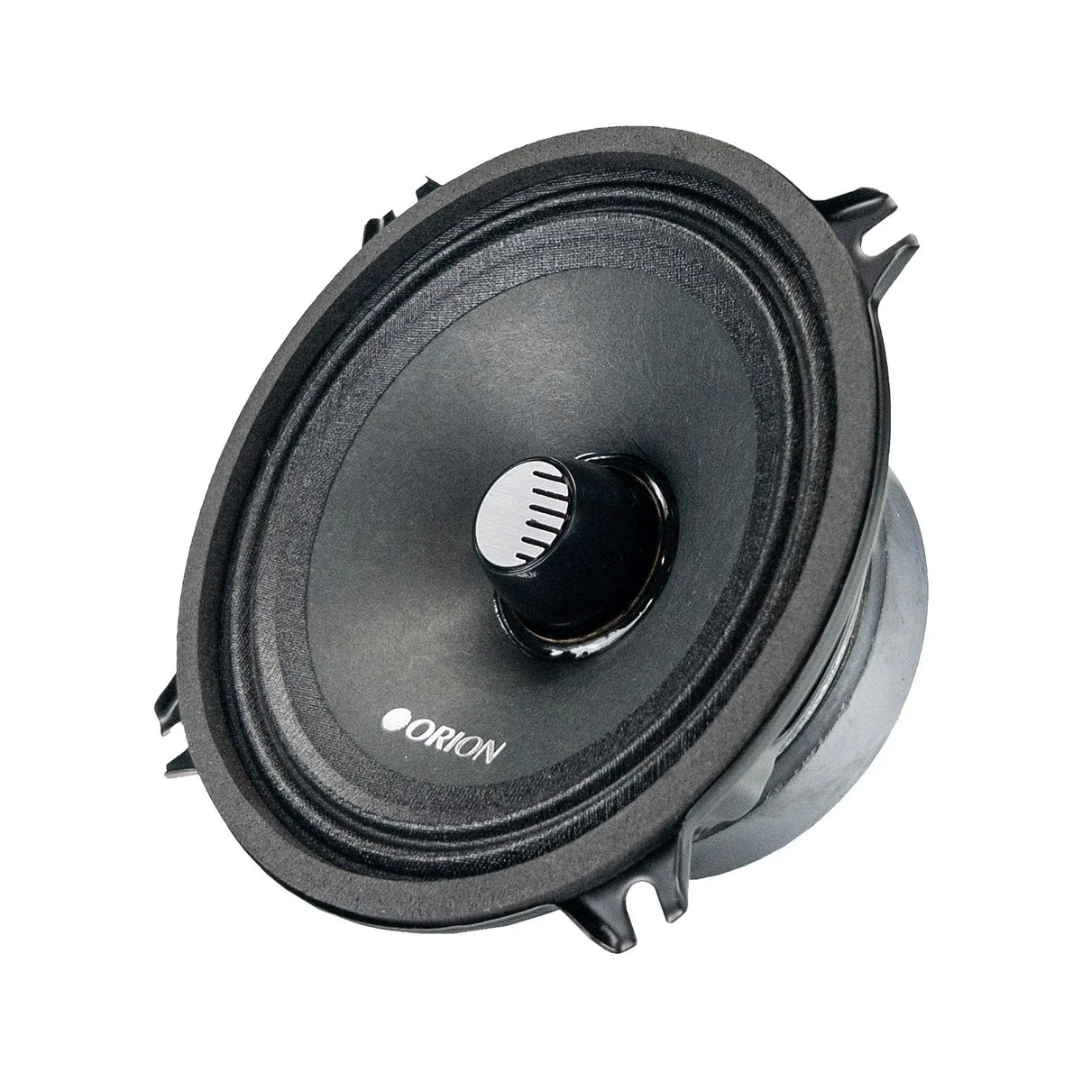 Black Orion midrange speaker close side angle with round driver and tabs