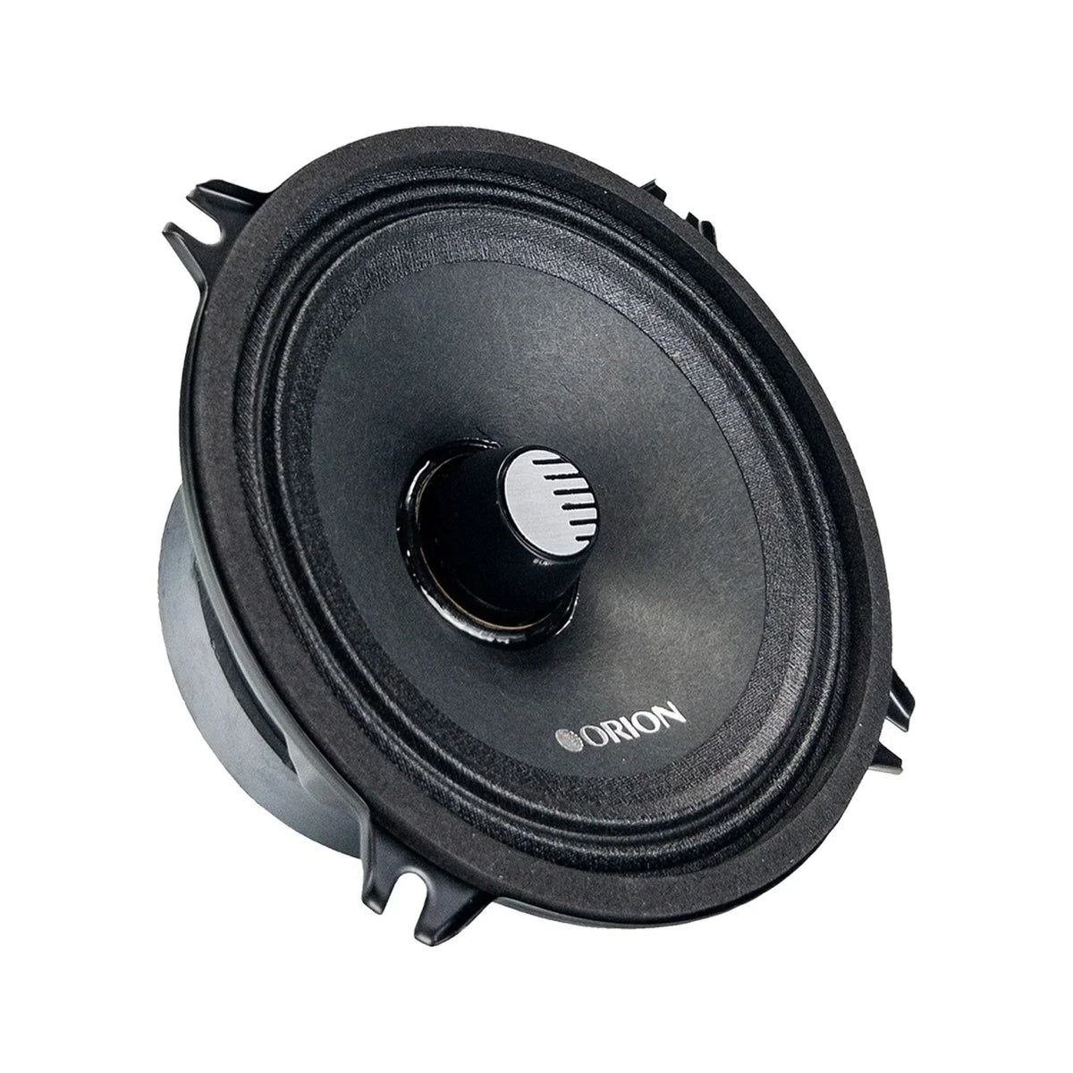Black Orion car midrange speaker angled view with round driver and tabs