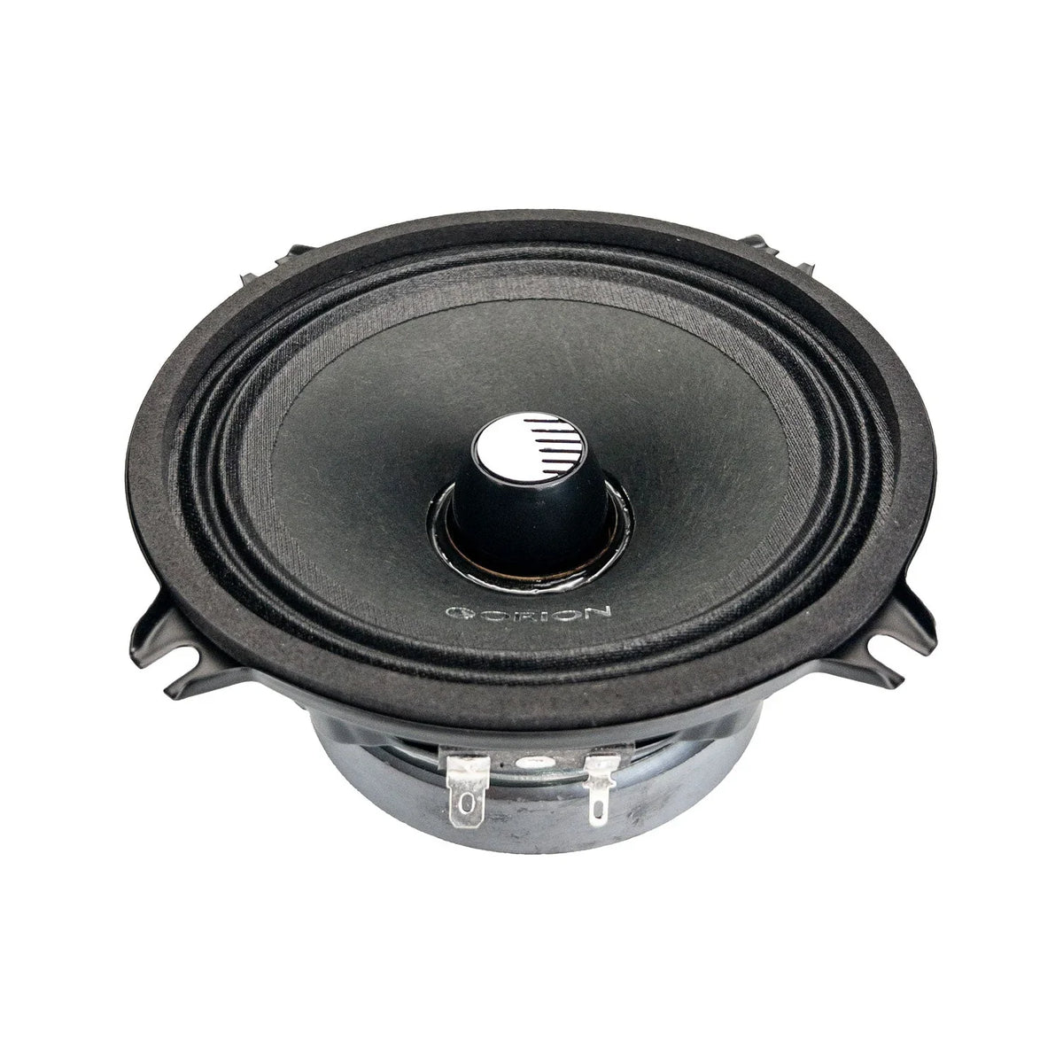 Black Orion midrange speaker from side view with exposed mounting bracket