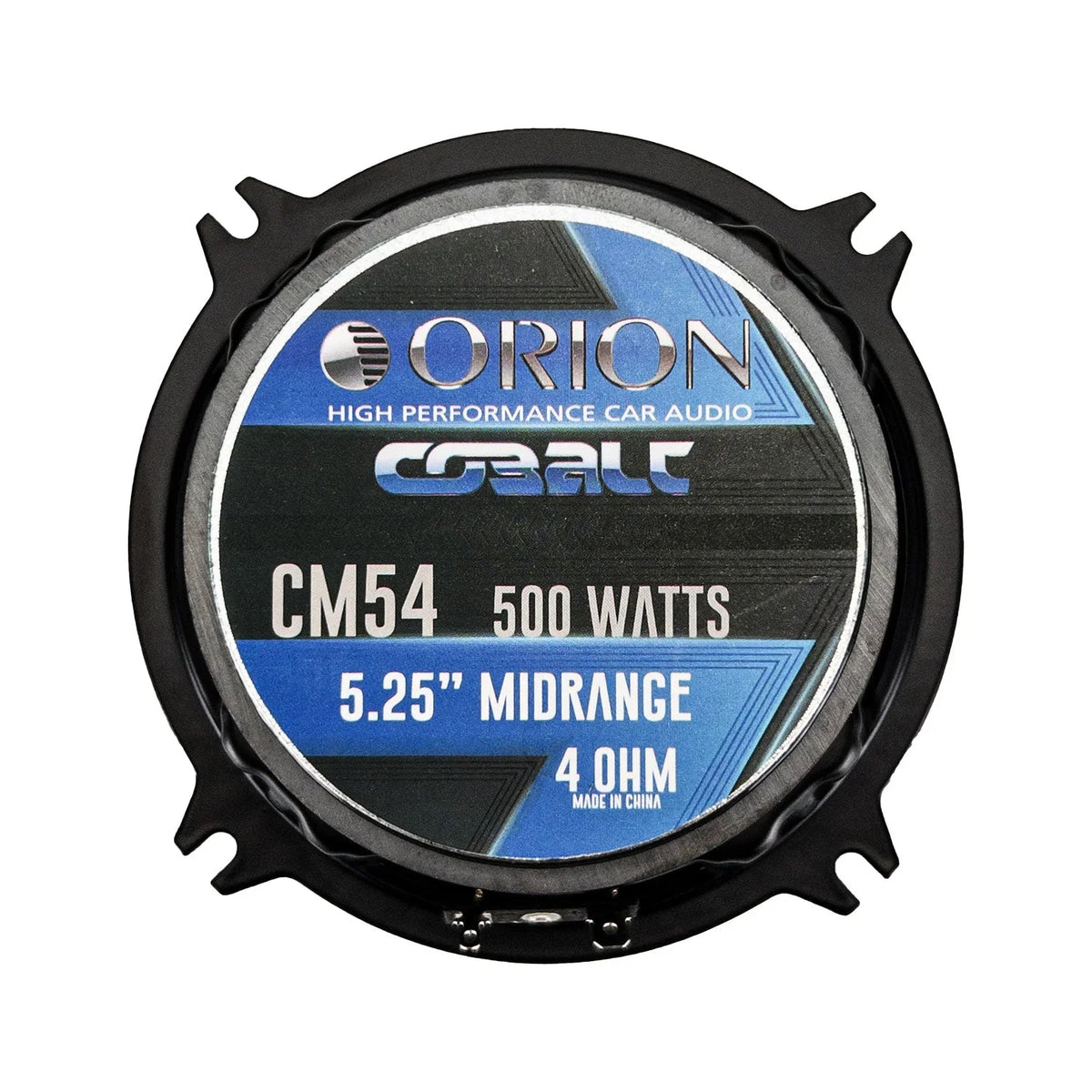 Orion CM54 midrange speaker grille label showing 5.25" and 4 ohm specs