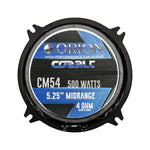 Orion CM54 midrange speaker grille label showing 5.25" and 4 ohm specs