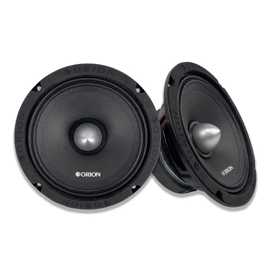 Black Orion car speaker with silver dome and circular surround, front and back view