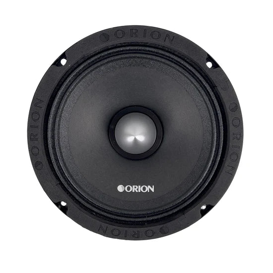 Black Orion car speaker with silver dome cone and round mounting holes