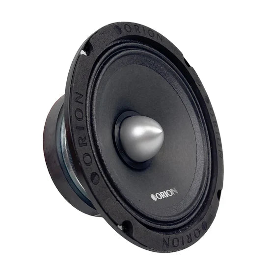 Black Orion car speaker angled view with silver dome and textured black frame