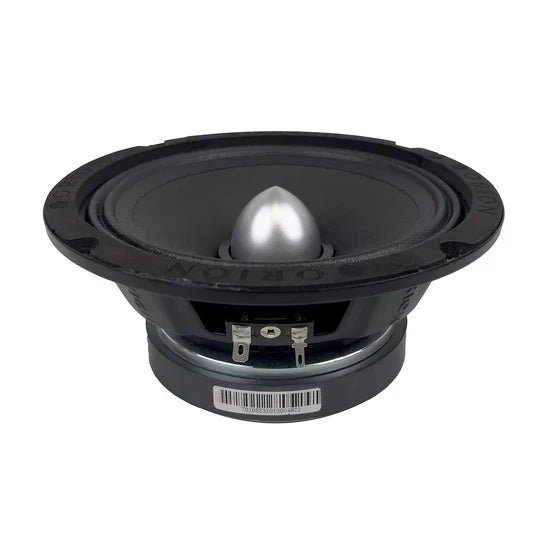 Black Orion car speaker rear view with terminal connections and label sticker