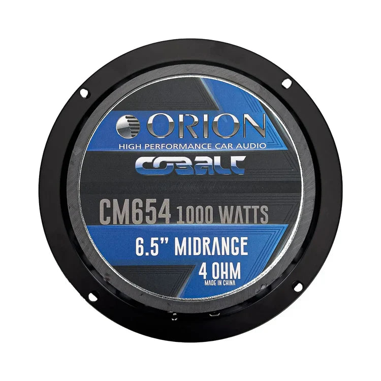 Black 6.5-inch midrange speaker with blue Orion CM654 label and 4 ohm rating