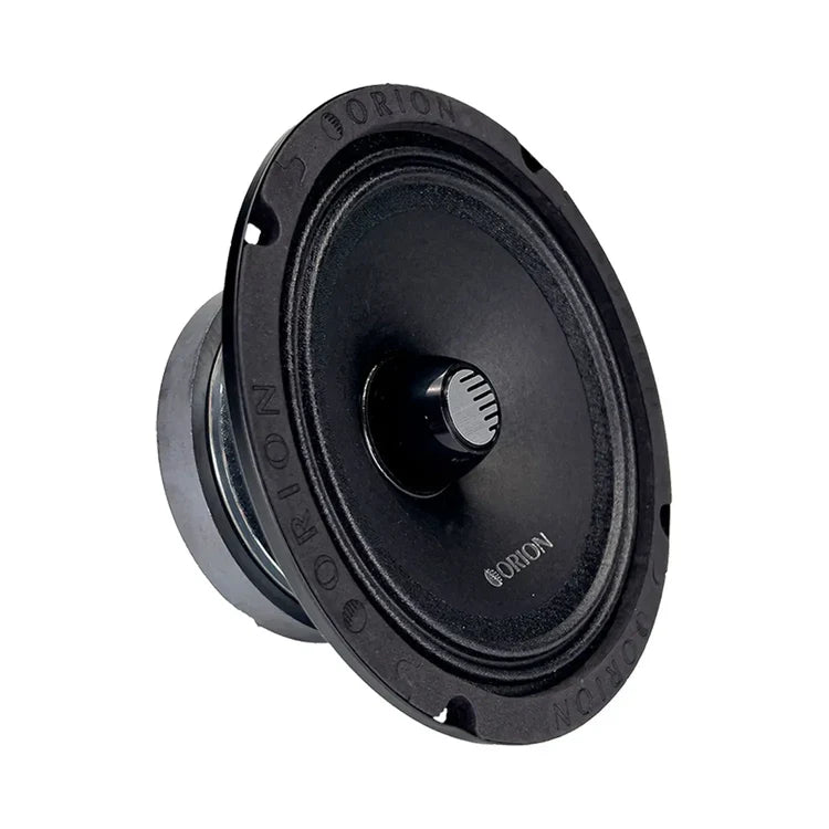Black 6.5-inch midrange speaker viewed from the side, cone and frame detail