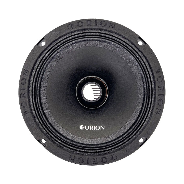 Black 6.5-inch midrange speaker with Orion logo, speaker cone and mounting holes