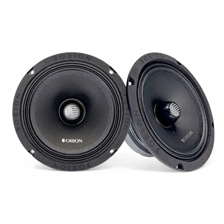 Black 6.5-inch car midrange speakers, pair, with cone and mounting holes