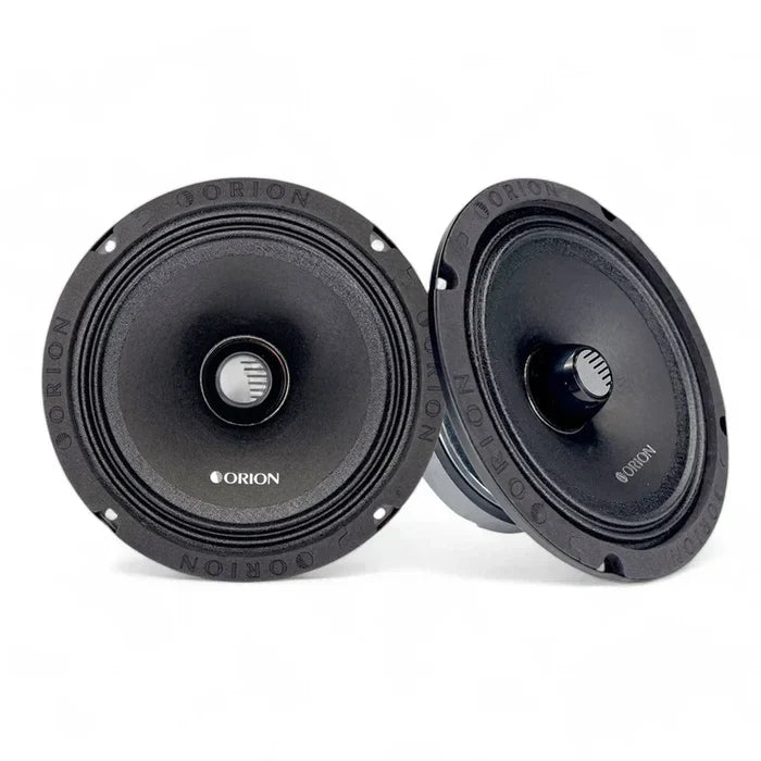 Pair of black Orion woofers with round grilles and mounting screw holes