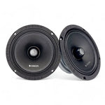 Pair of black Orion woofers with round grilles and mounting screw holes