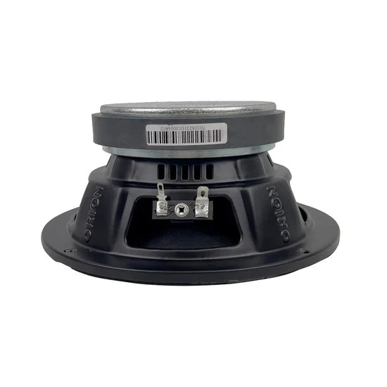 Black Orion car speaker rear with visible terminal posts and silver metal cap