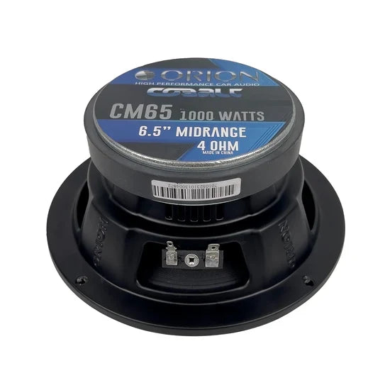 Black Orion speaker showing top specs label: 6.5-inch midrange, 1000 watts, 4 ohm