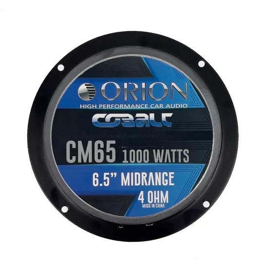 Black Orion speaker front with blue spec label: CM65 1000 watts, 6.5 inch, 4 ohm