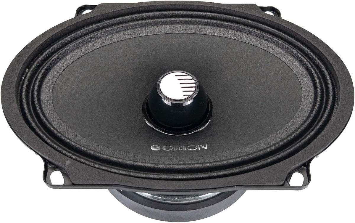 Black 6x8 midrange speaker with center dust cap and textured outer surround