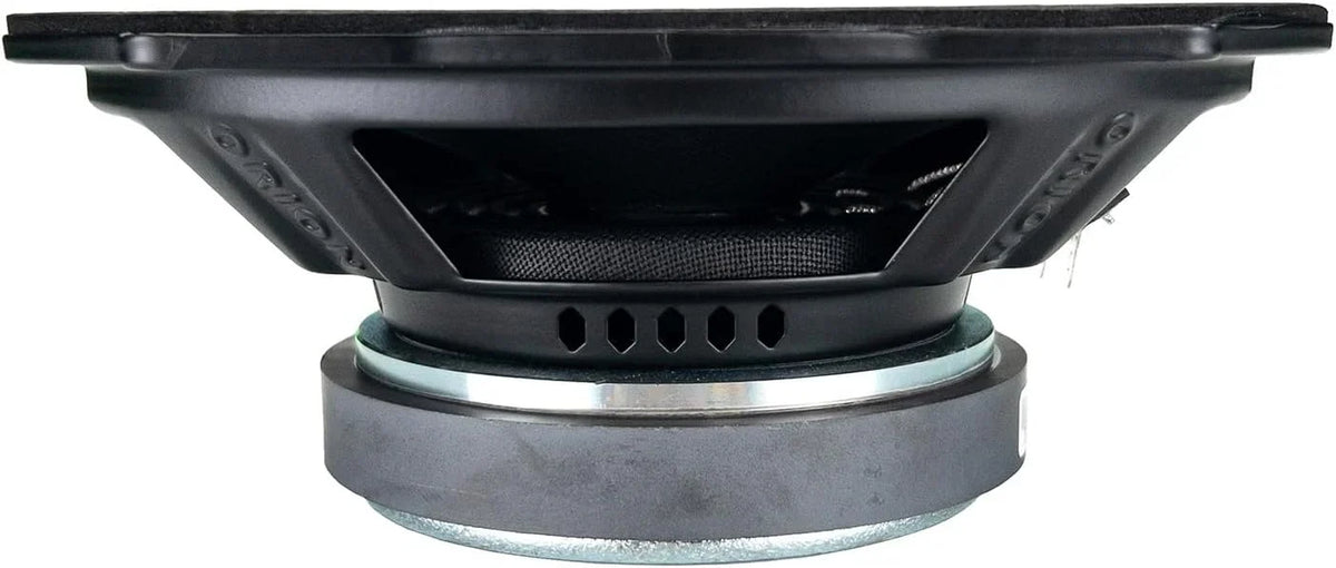 Black speaker driver side view showing cone depth and metal frame