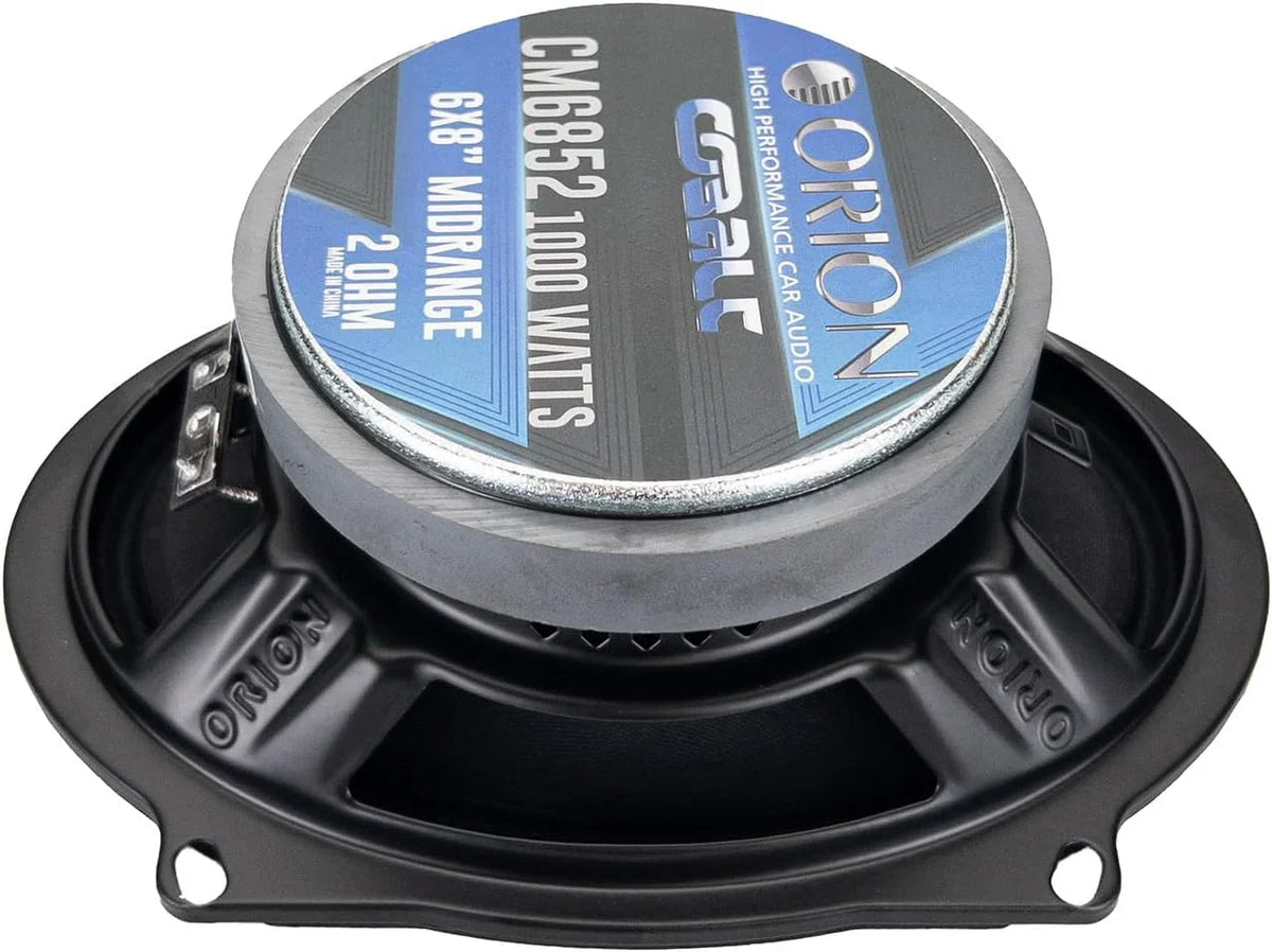 Black 6x8 midrange speaker showing Orion label on the metal cone surround