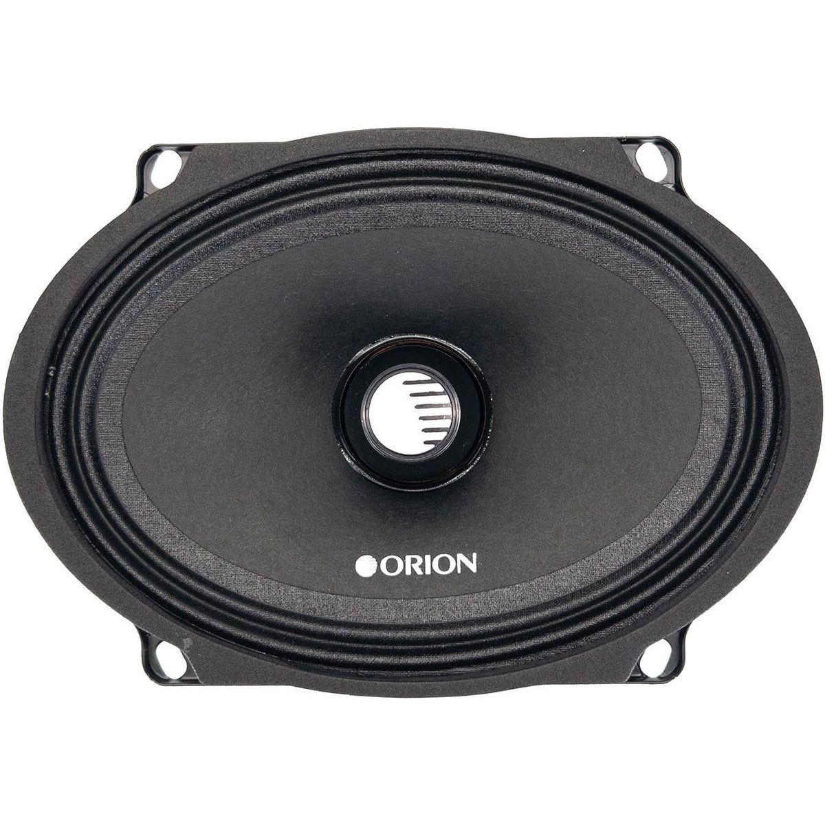 Midrange speaker front view with black cone and ORION logo dust cap