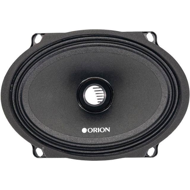 Midrange speaker front view with black cone and ORION logo dust cap