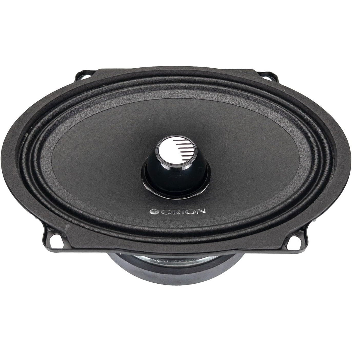 Midrange speaker close-up of black cone and center dust cap