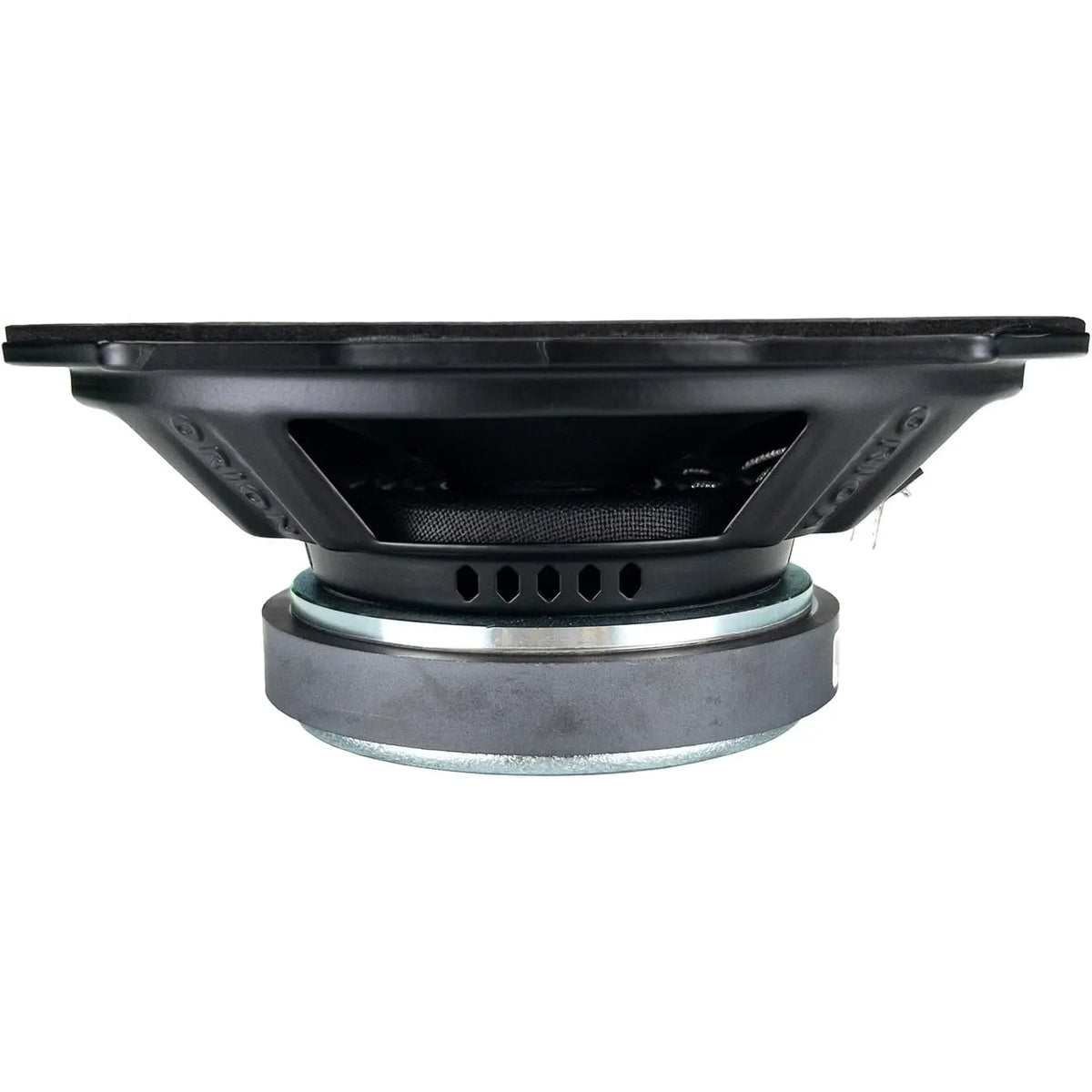 Midrange speaker side view showing black basket and silver magnet