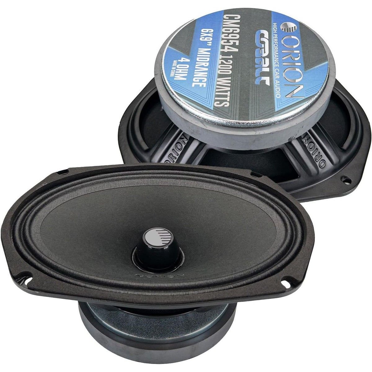 6x9 inch midrange speaker with black cone and blue-labeled dust cap, mounting holes