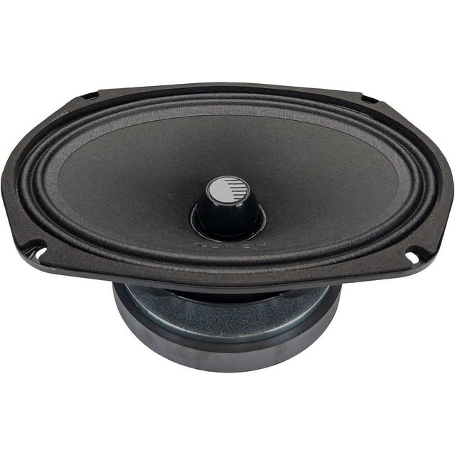6x9 inch midrange speaker with black cone, small center dome, and rubber surround