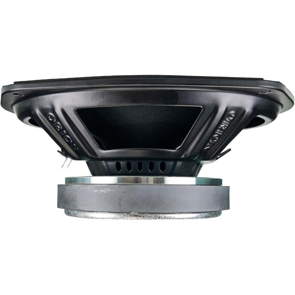 6x9 inch midrange speaker showing side view with vented frame and magnet base