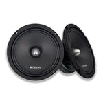 Pair of black Orion 8-inch midrange speaker drivers with mounting holes