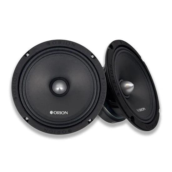 Pair of black Orion 8-inch midrange speaker drivers with mounting holes