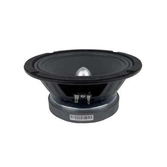 Black 8-inch midrange speaker driver side view with cone and rear rim