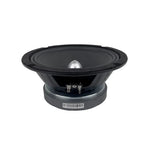 Black 8-inch midrange speaker driver side view with cone and rear rim