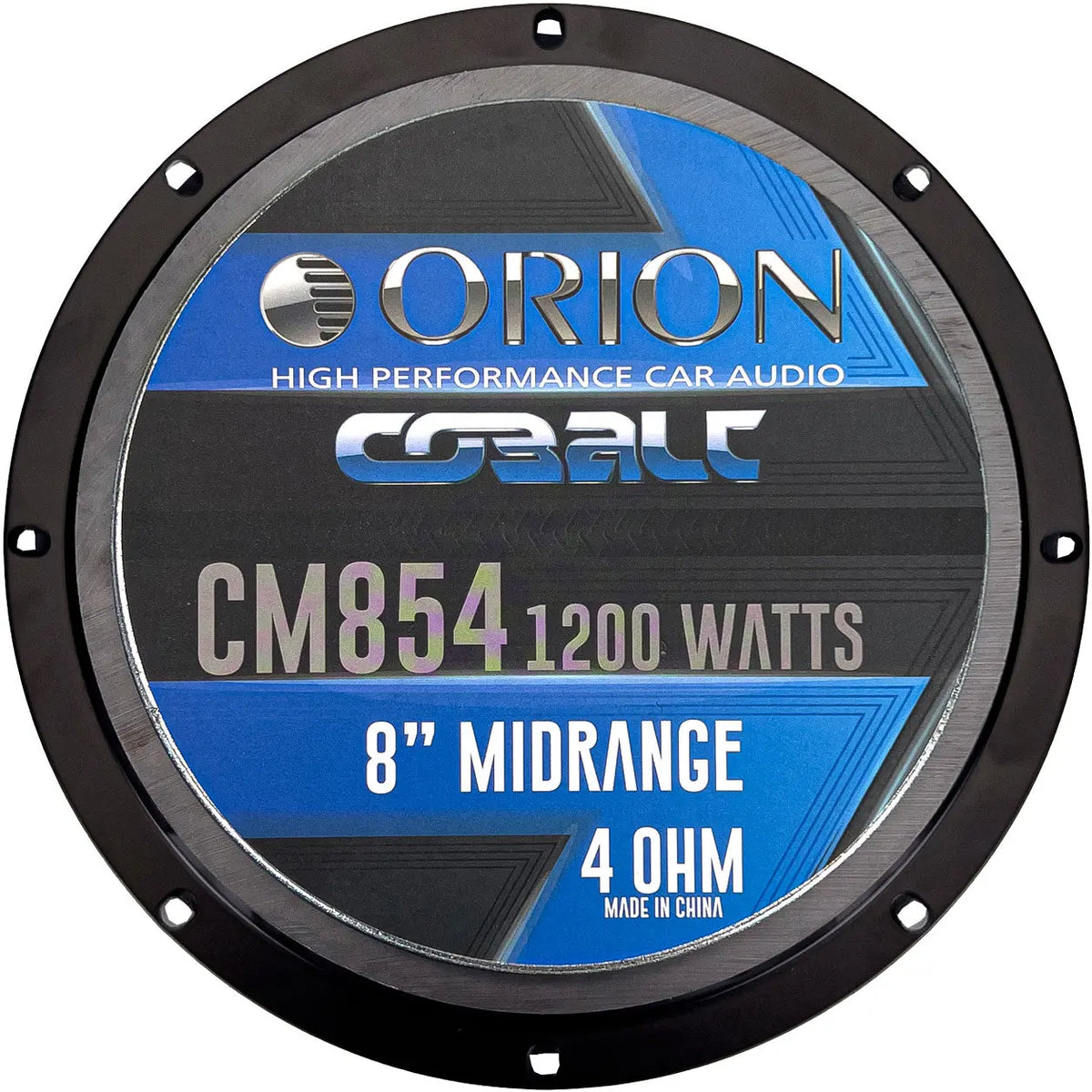 Orion 8-inch midrange speaker label, CM854 1200W 4-ohm on blue cover