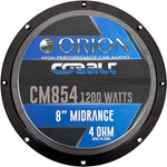 Orion 8-inch midrange speaker label, CM854 1200W 4-ohm on blue cover