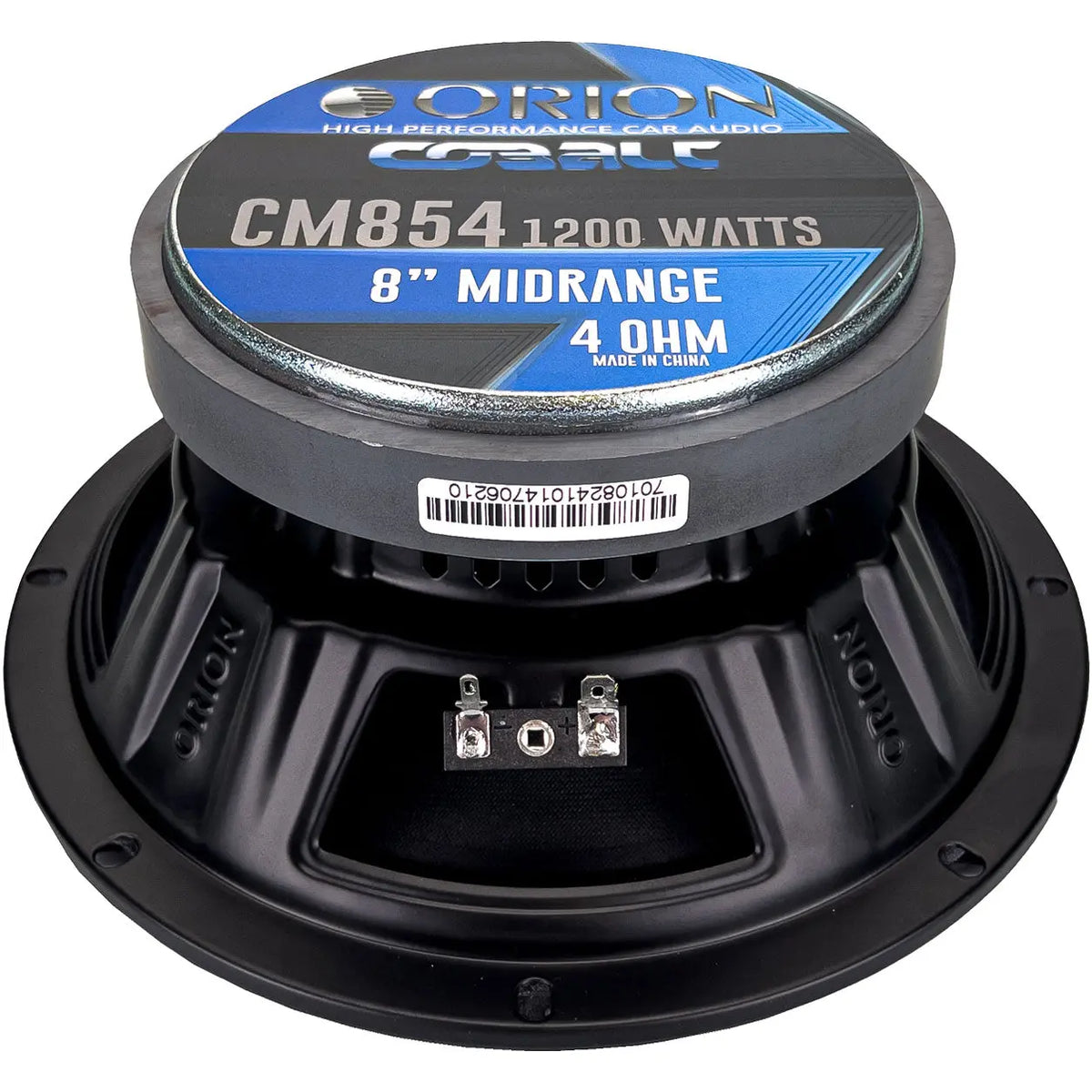 Orion 8-inch midrange speaker rear view with mounting terminals and grille