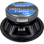 Orion 8-inch midrange speaker rear view with mounting terminals and grille