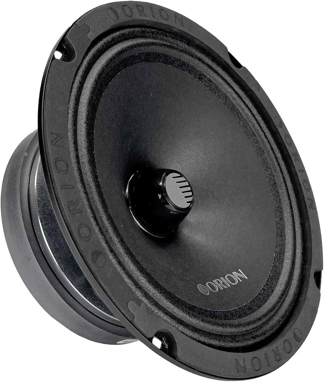 Orion 8-inch midrange speaker, angled view of black cone and dust cap