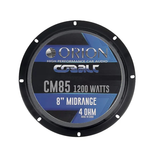 Orion 8-inch midrange speaker driver face with blue CM85 1200 watts label